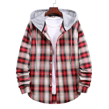 Men's Long Sleeve Quilted Lined Flannel Shirt Jacket with Hood